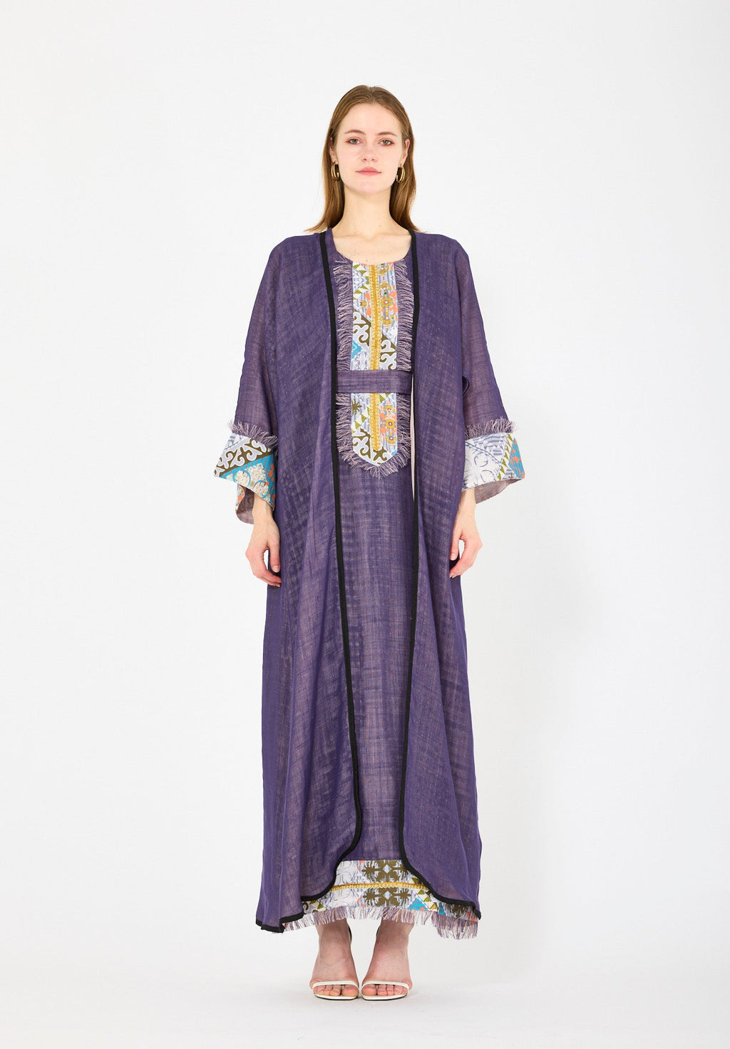 Contrast Fringe Embroidery Bisht & Dress Set