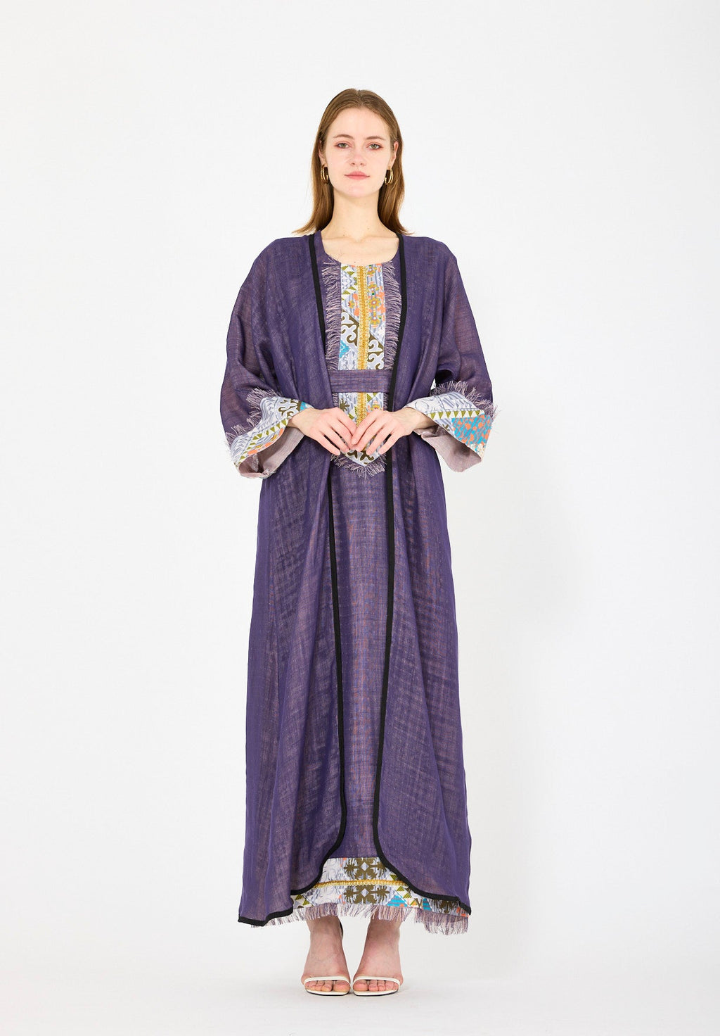 Contrast Fringe Embroidery Bisht & Dress Set