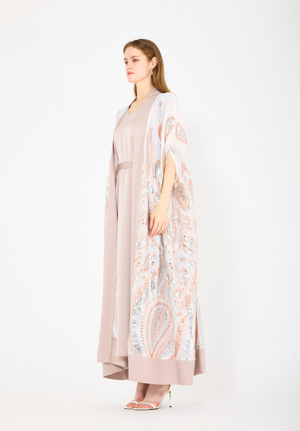 Pastel Sequin Embroidered Bisht & Dress Set