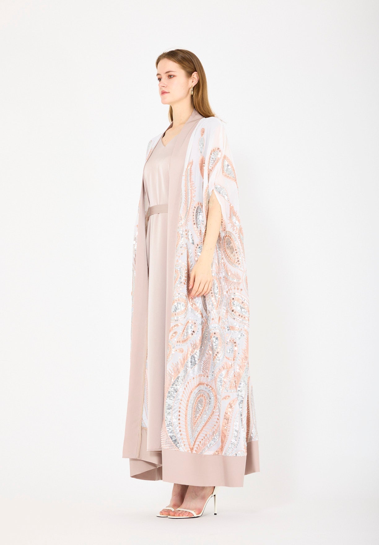 Pastel Sequin Embroidered Bisht & Dress Set