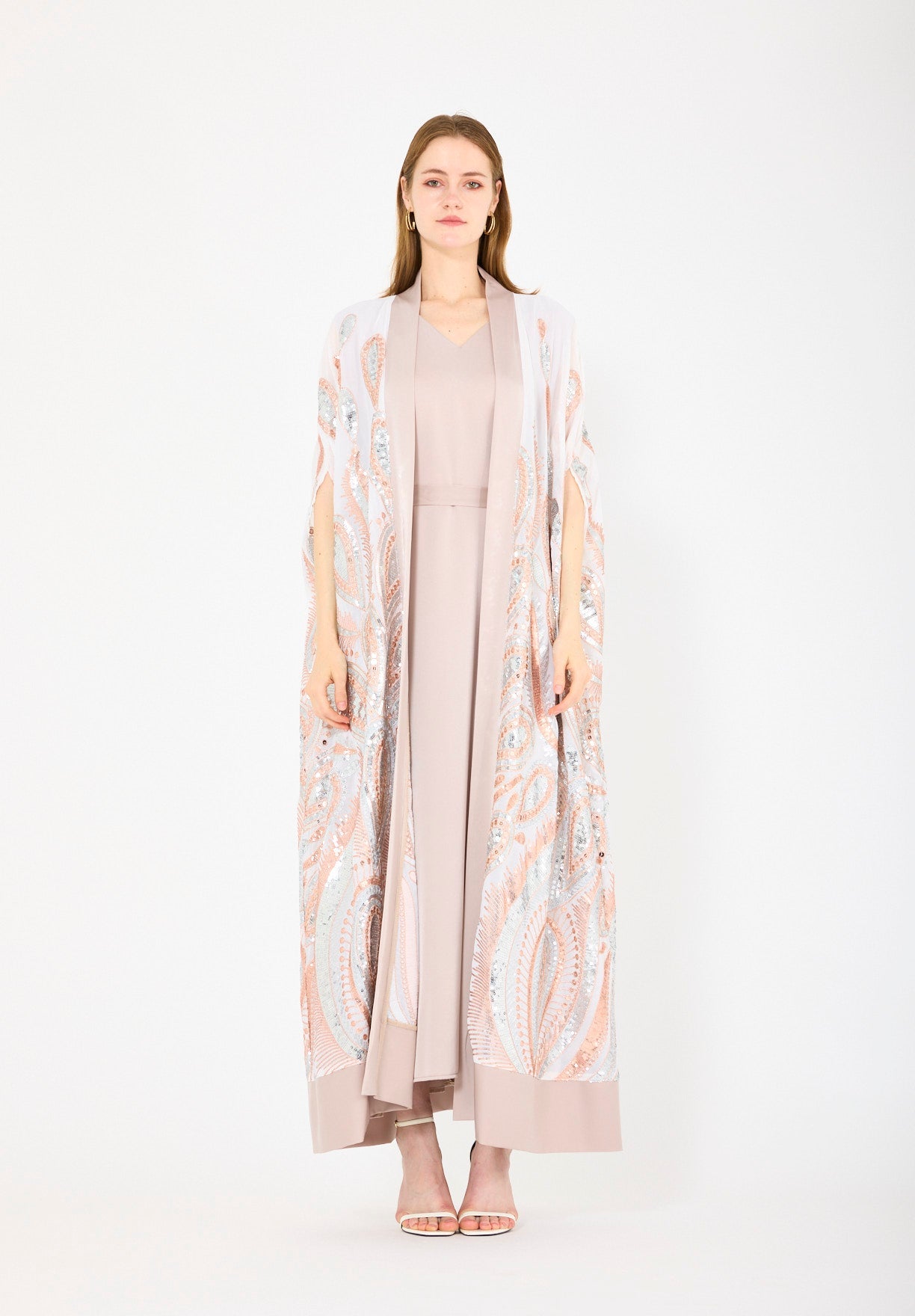 Pastel Sequin Embroidered Bisht & Dress Set
