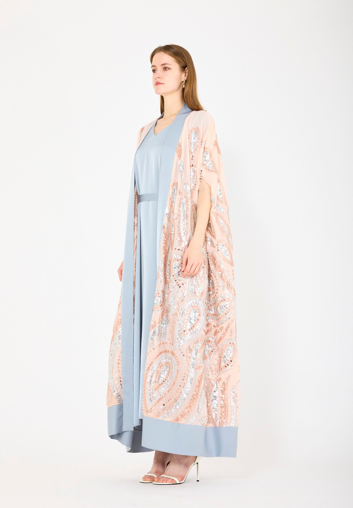 Pastel Sequin Embroidered Bisht & Dress Set