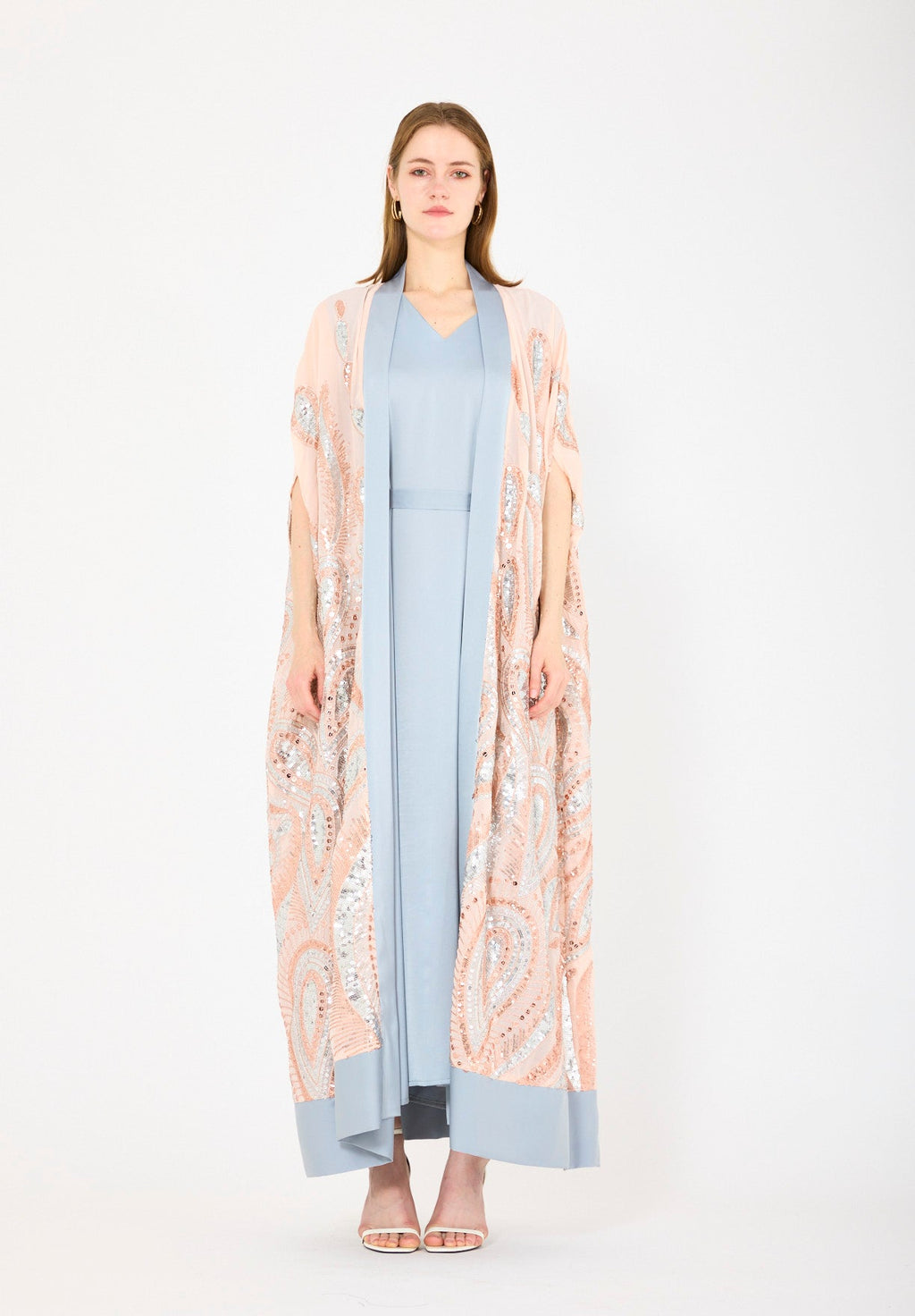 Pastel Sequin Embroidered Bisht & Dress Set