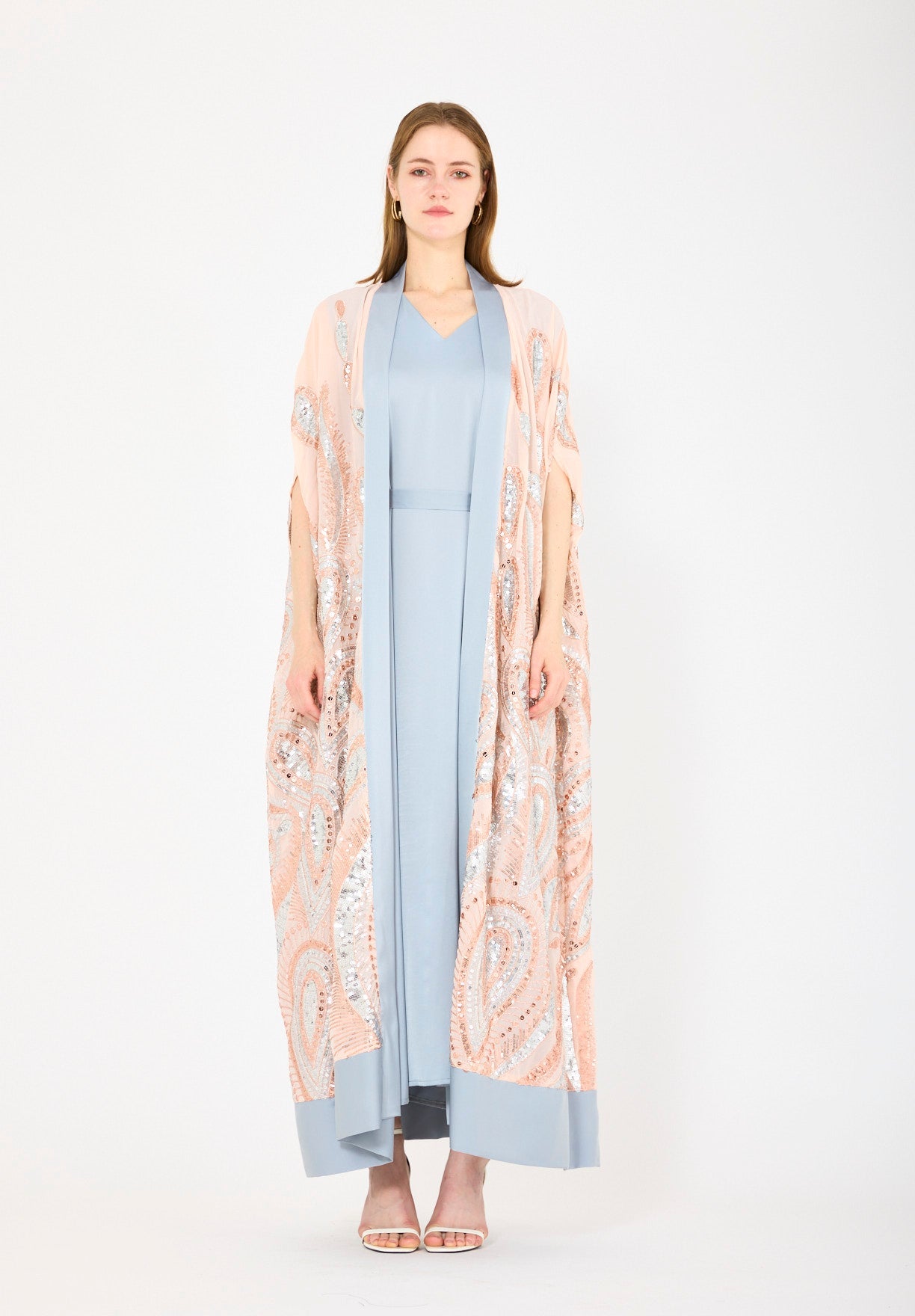 Pastel Sequin Embroidered Bisht & Dress Set