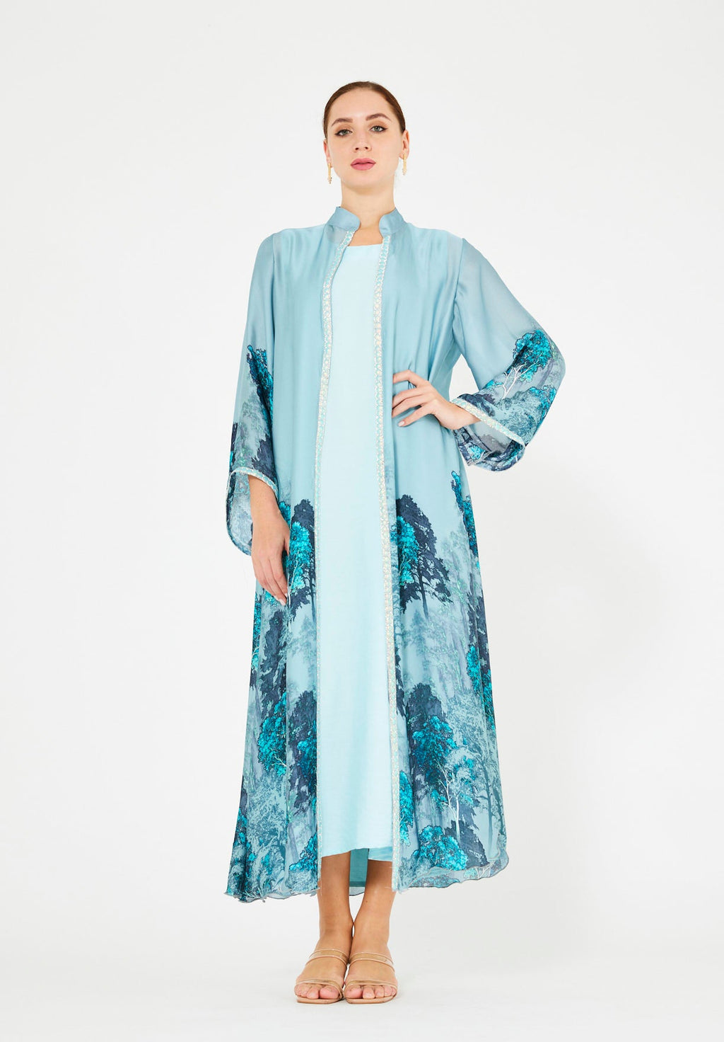 Nature-Inspired Printed Bisht & Dress Set