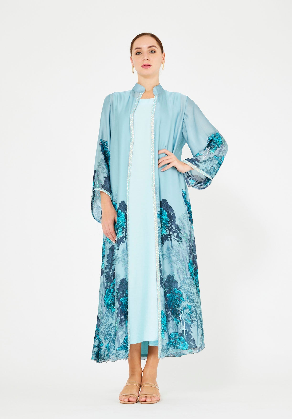 Nature-Inspired Printed Bisht & Dress Set