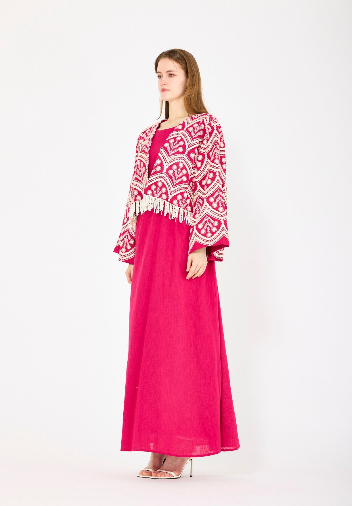 Cropped Fringe Embroidered Linen Jacket Set