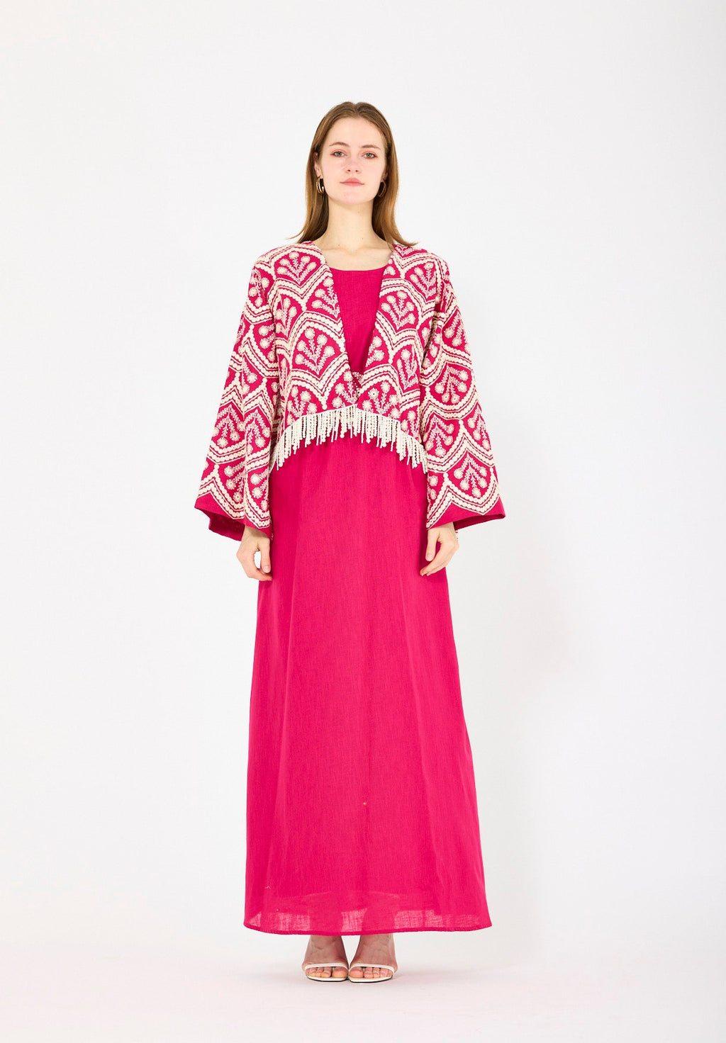 Cropped Fringe Embroidered Linen Jacket Set