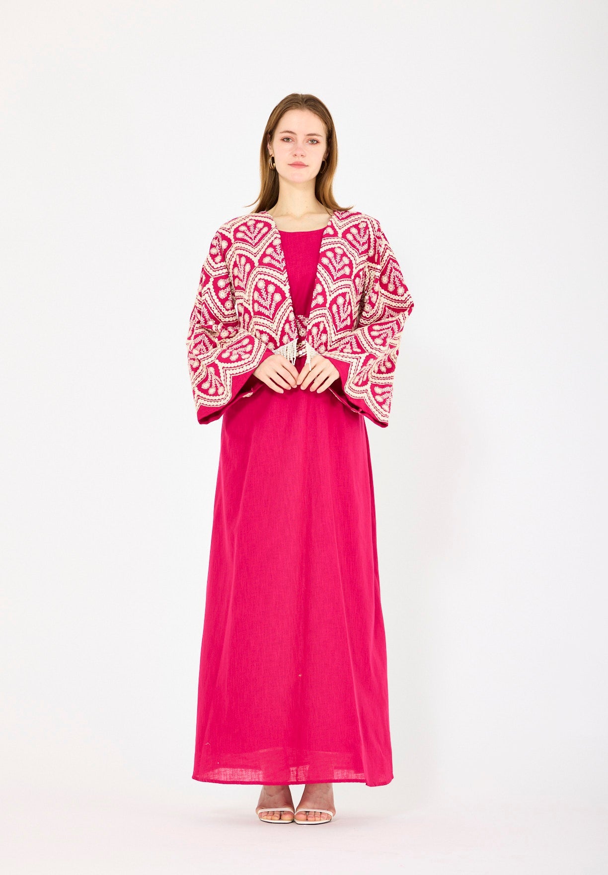 Cropped Fringe Embroidered Linen Jacket Set