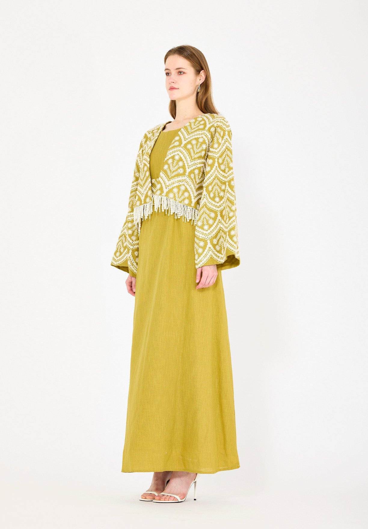 Cropped Fringe Embroidered Linen Jacket Set