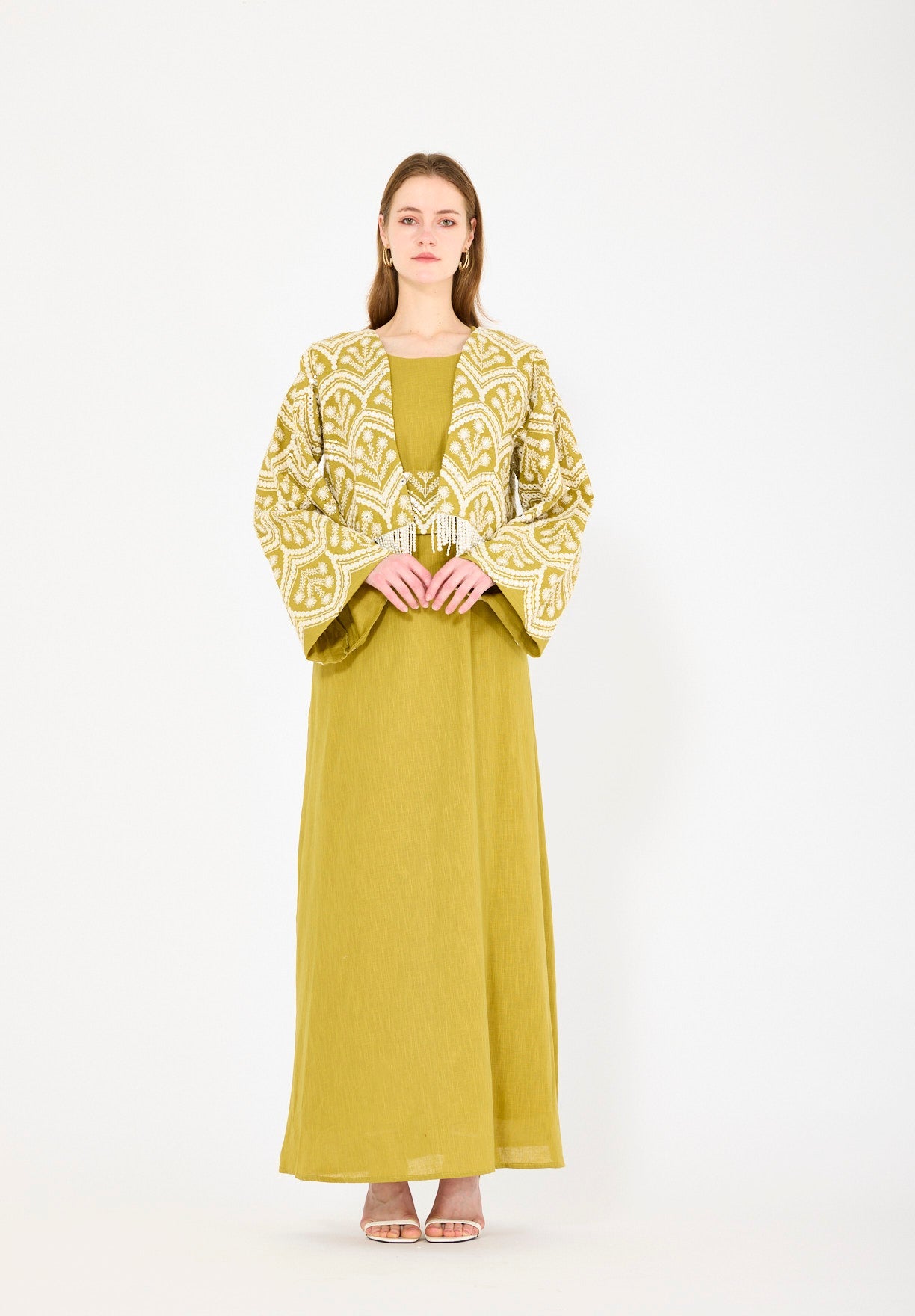 Cropped Fringe Embroidered Linen Jacket Set