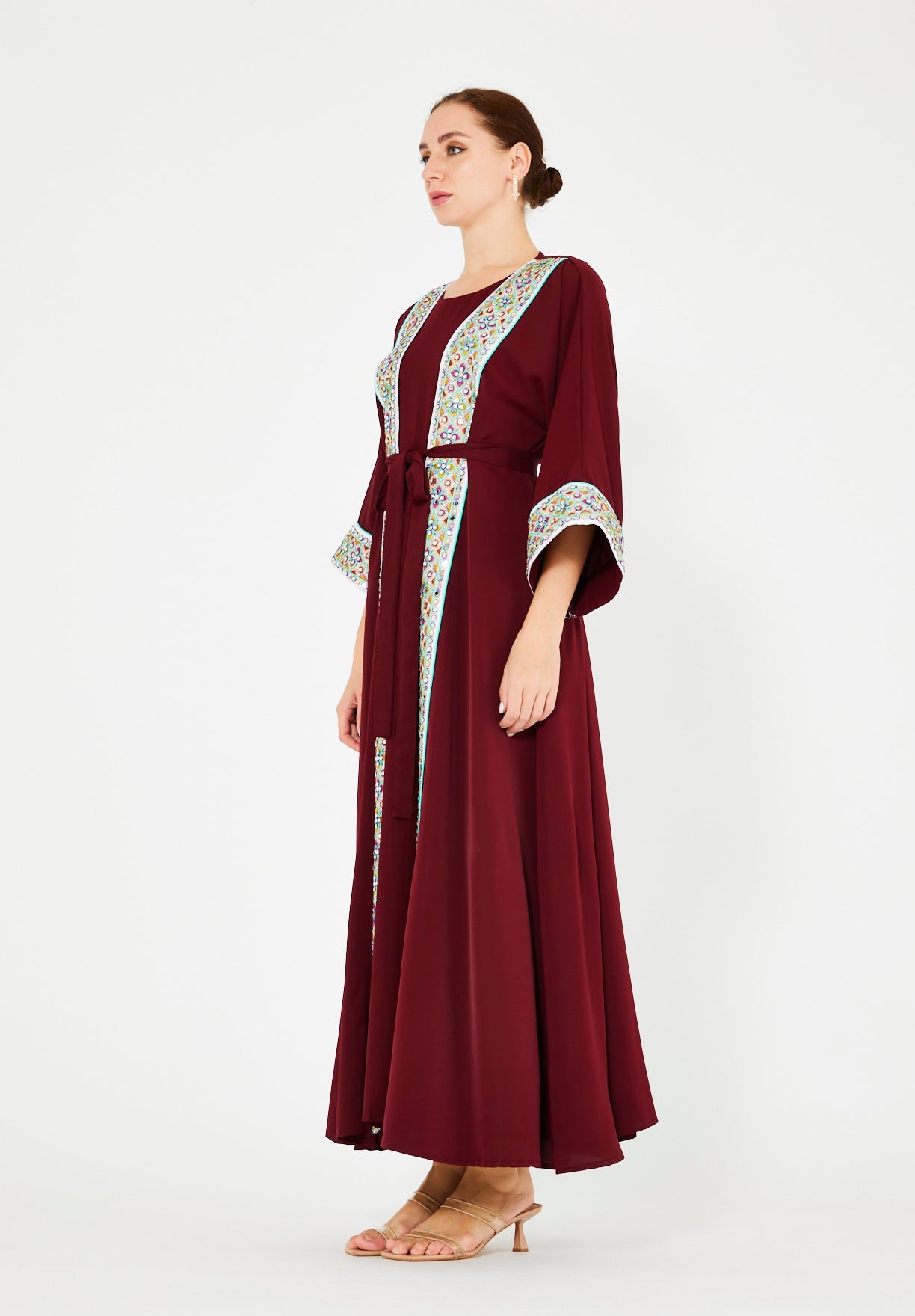 Multi-Colored Embroidered Trim Bisht & Dress Set