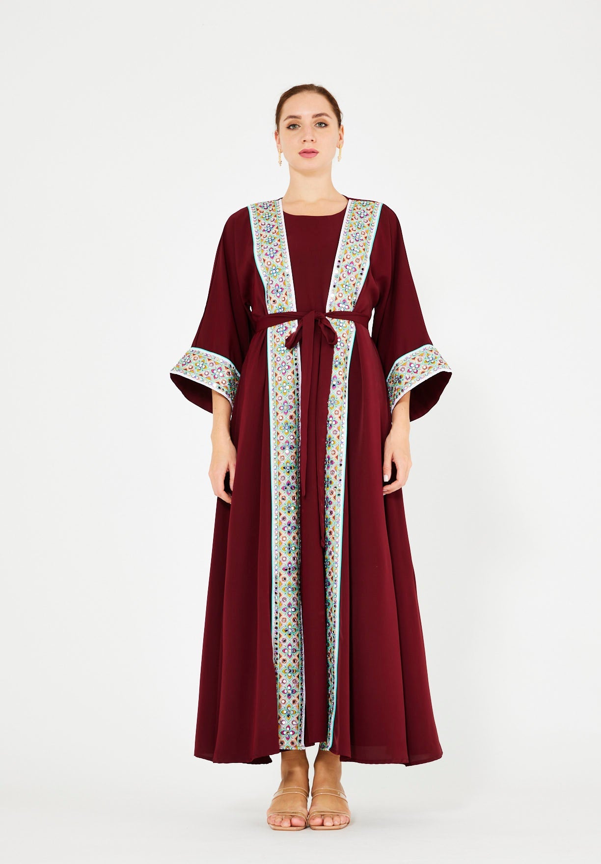 Multi-Colored Embroidered Trim Bisht & Dress Set