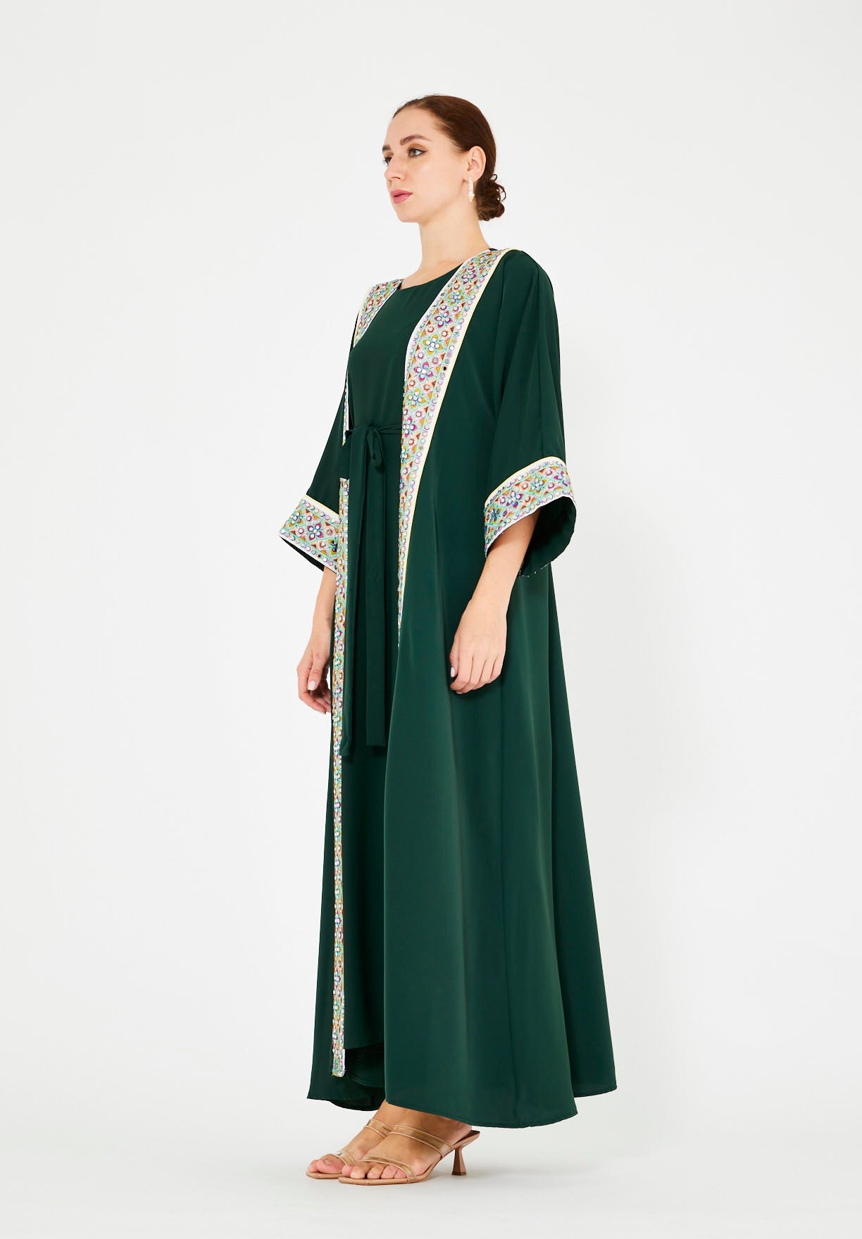 Multi-Colored Embroidered Trim Bisht & Dress Set