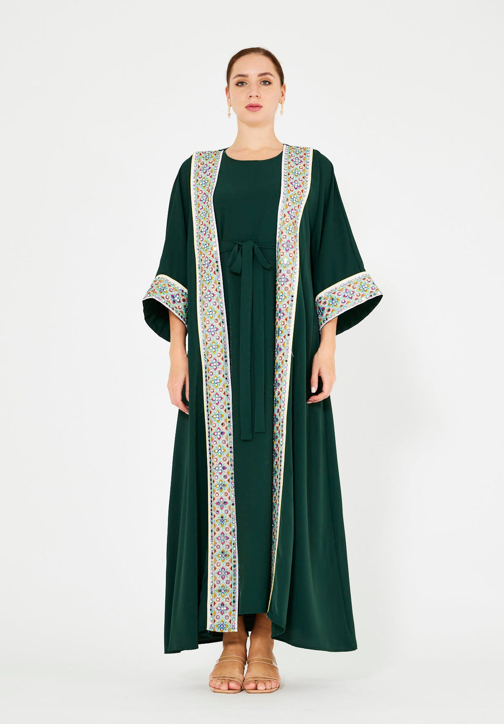 Multi-Colored Embroidered Trim Bisht & Dress Set