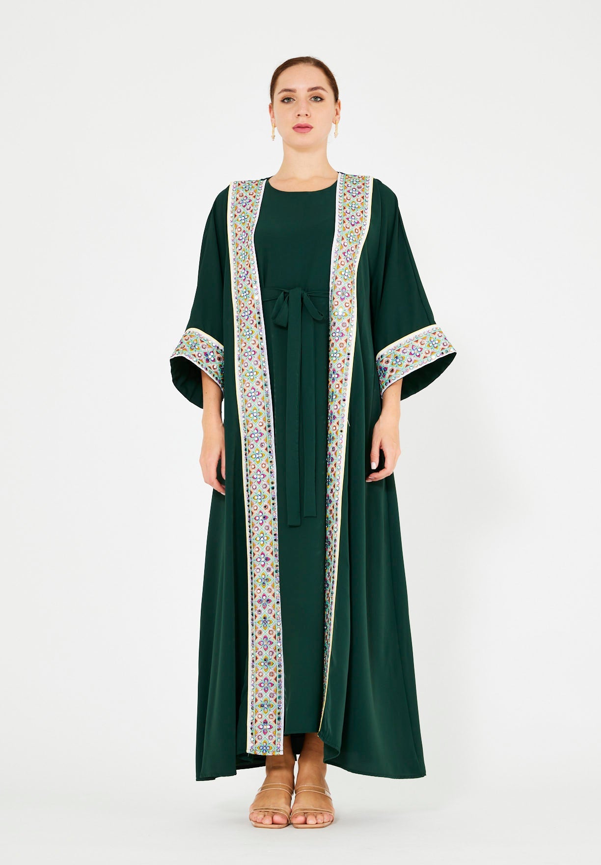 Multi-Colored Embroidered Trim Bisht & Dress Set