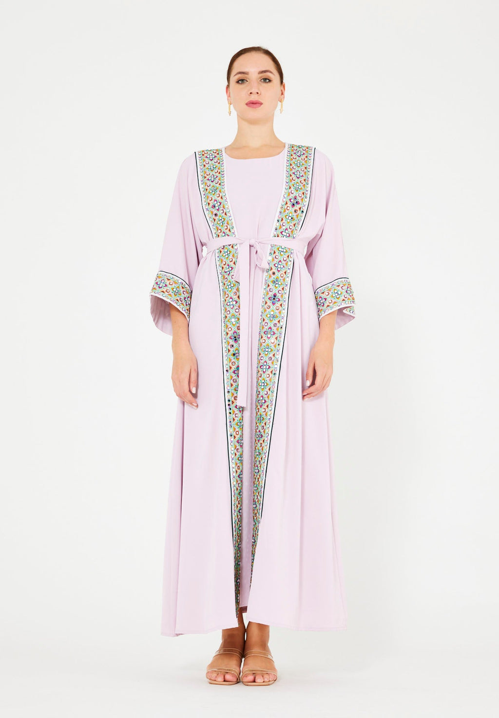 Multi-Colored Embroidered Trim Bisht & Dress Set