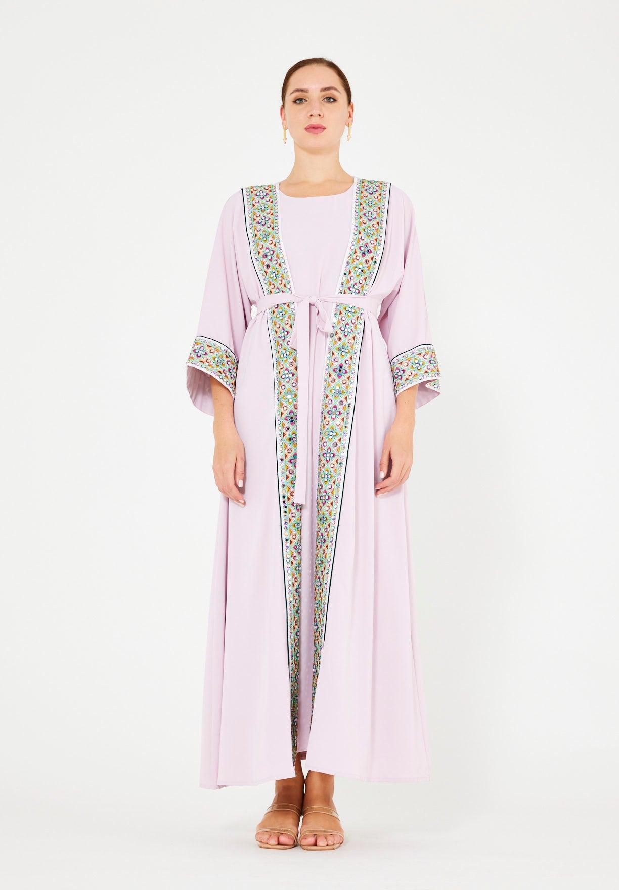 Multi-Colored Embroidered Trim Bisht & Dress Set