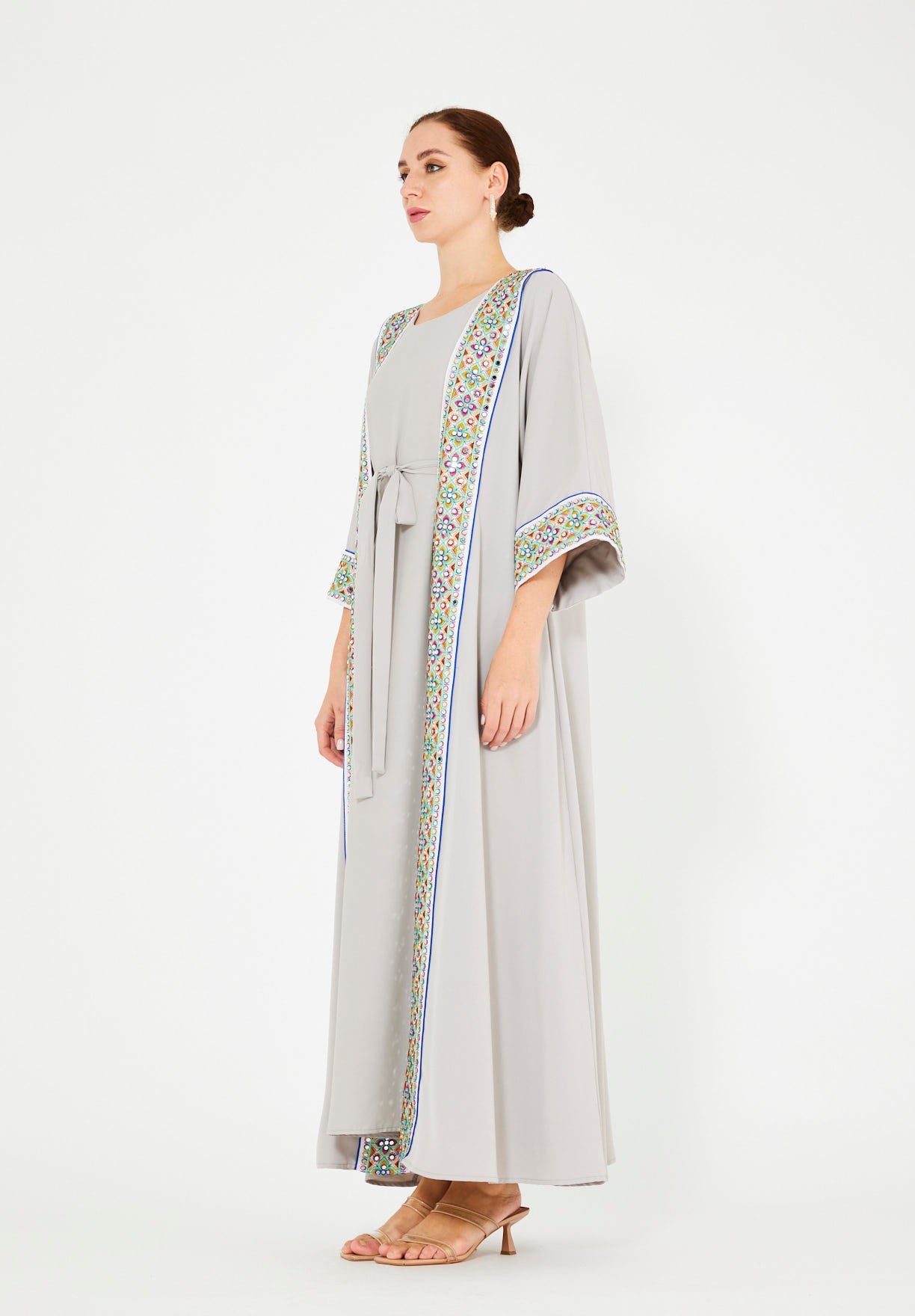Multi-Colored Embroidered Trim Bisht & Dress Set