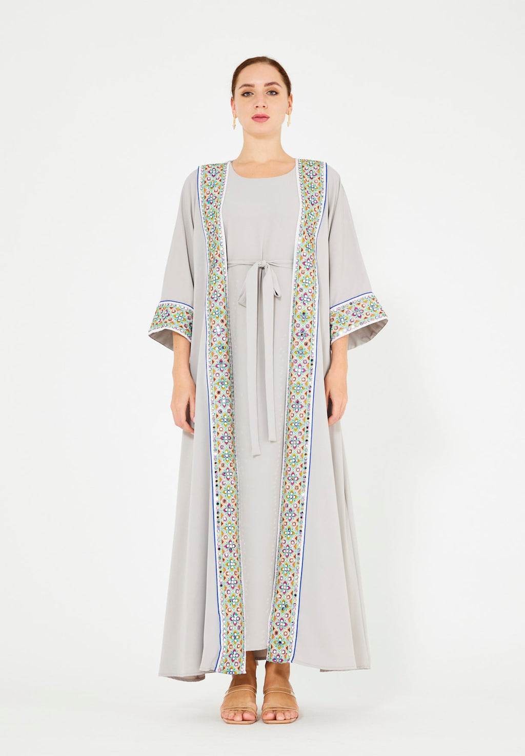 Multi-Colored Embroidered Trim Bisht & Dress Set