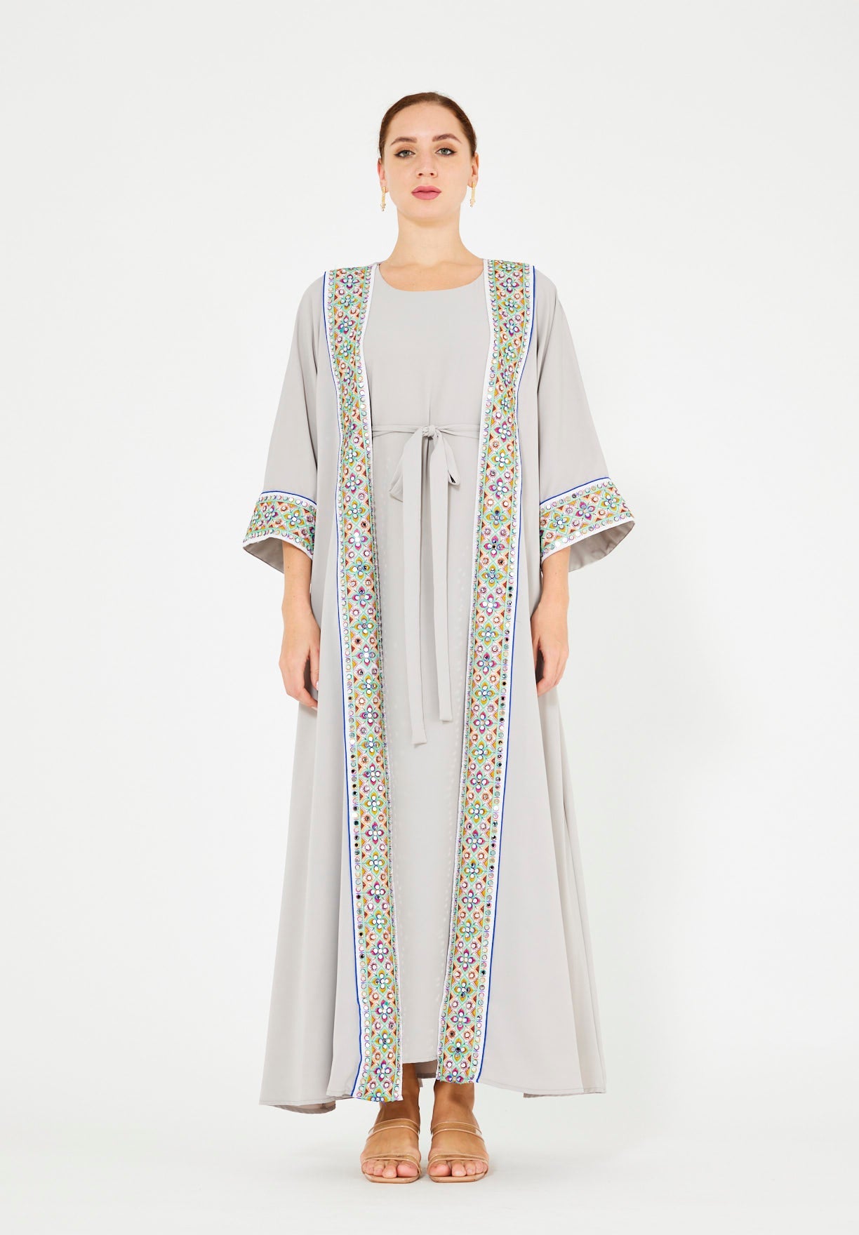 Multi-Colored Embroidered Trim Bisht & Dress Set