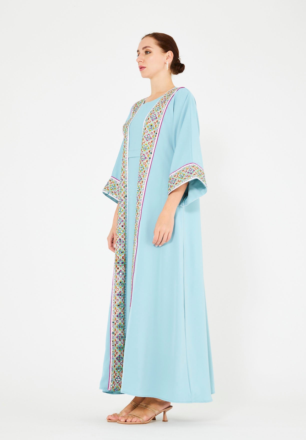 Multi-Colored Embroidered Trim Bisht & Dress Set