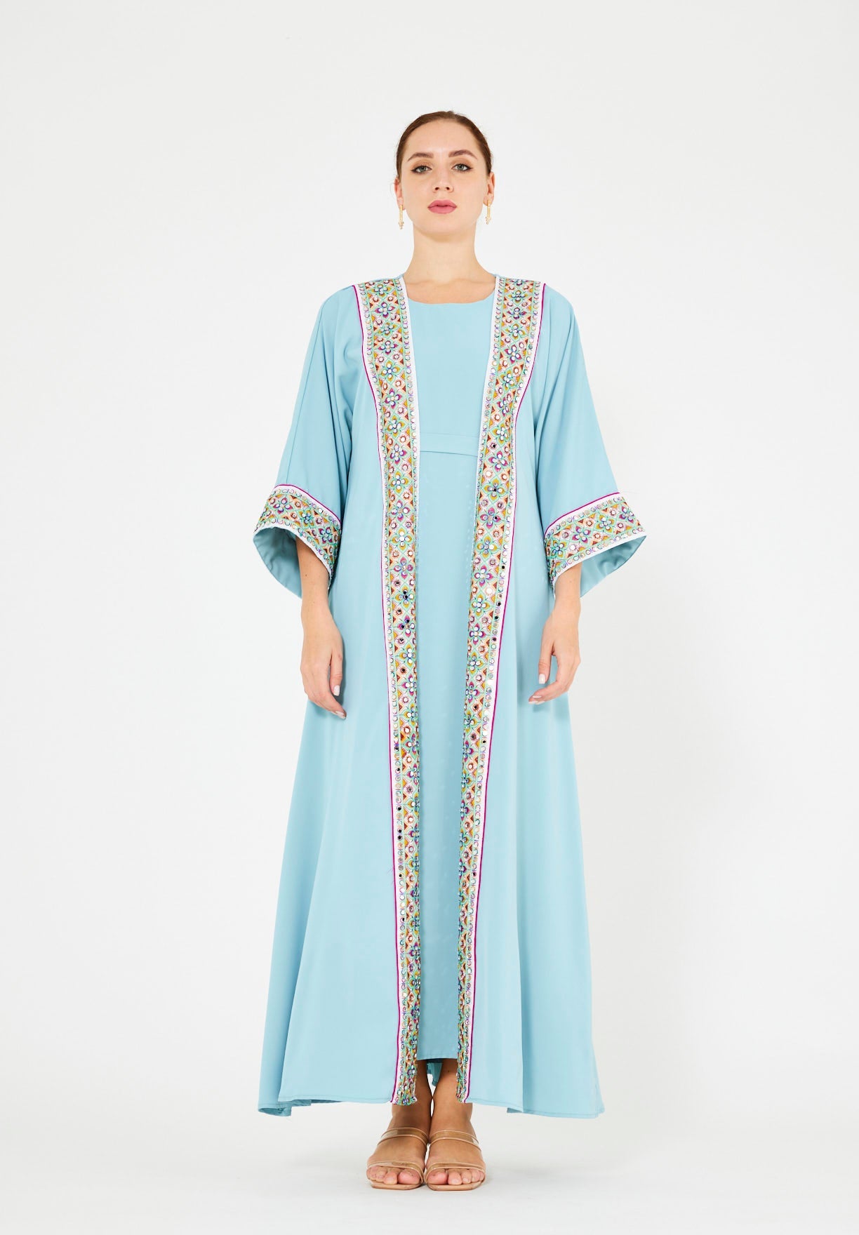 Multi-Colored Embroidered Trim Bisht & Dress Set