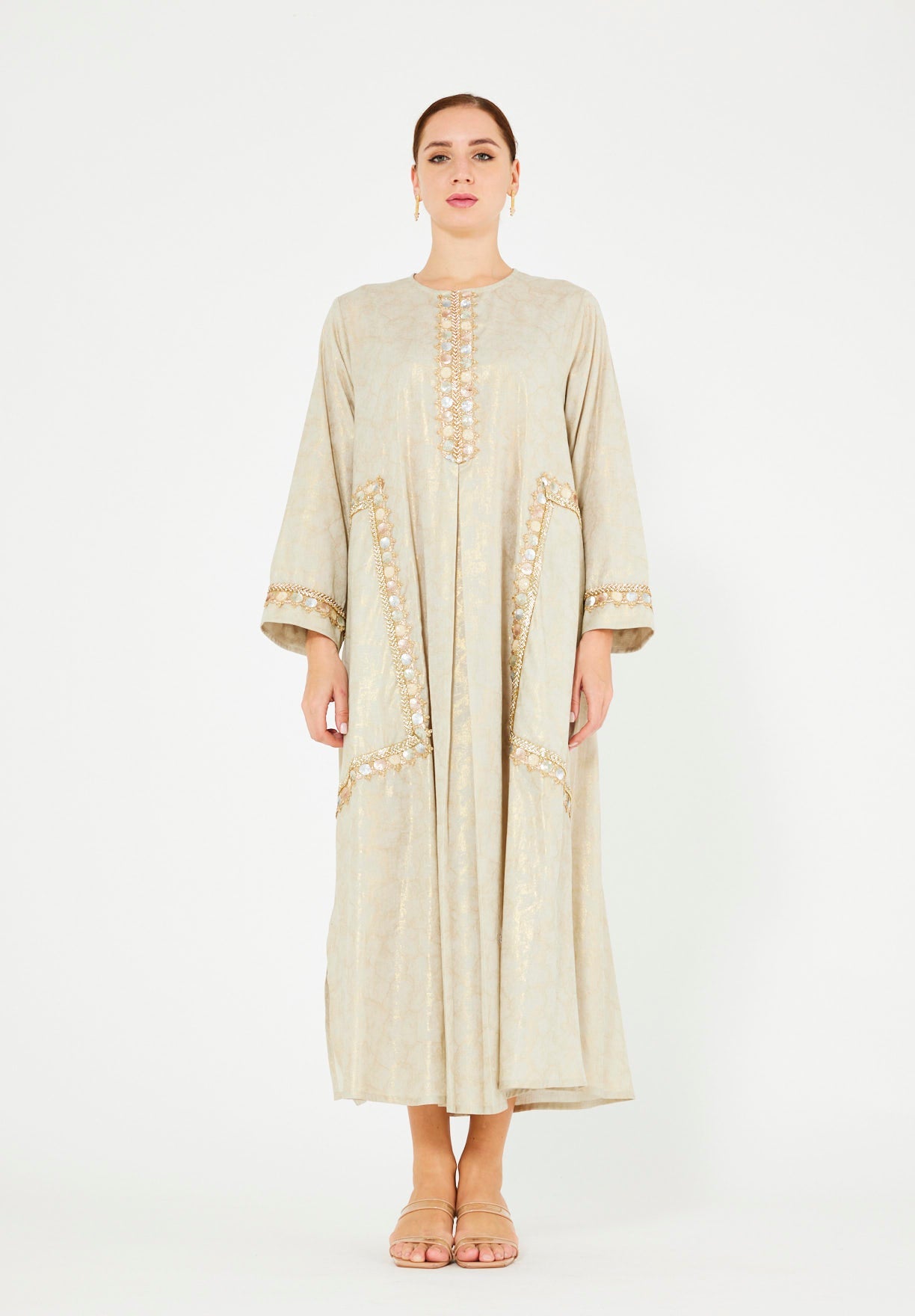 Mirror & Thread Embellished Foil Linen Jalabiya