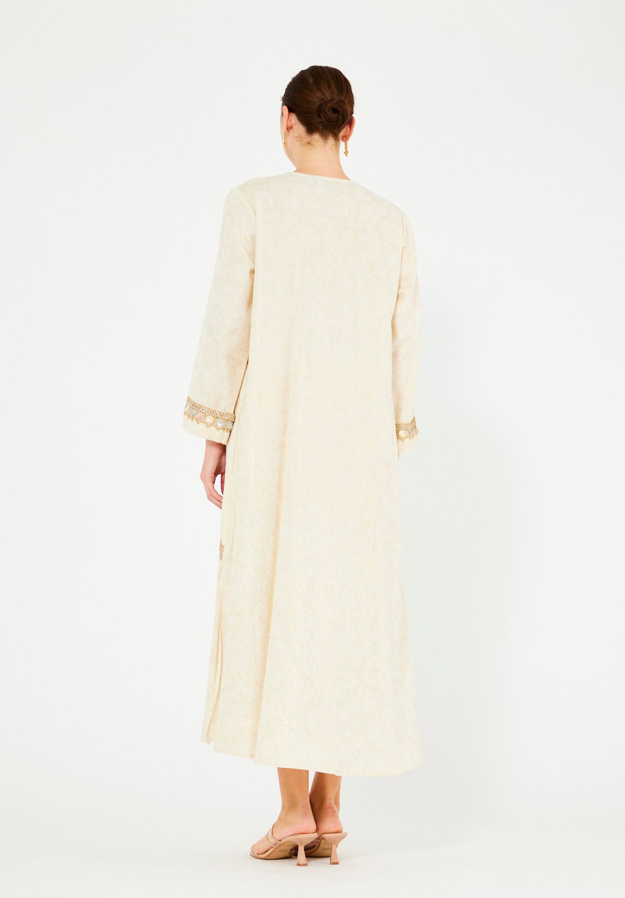 Mirror & Thread Embellished Foil Linen Jalabiya