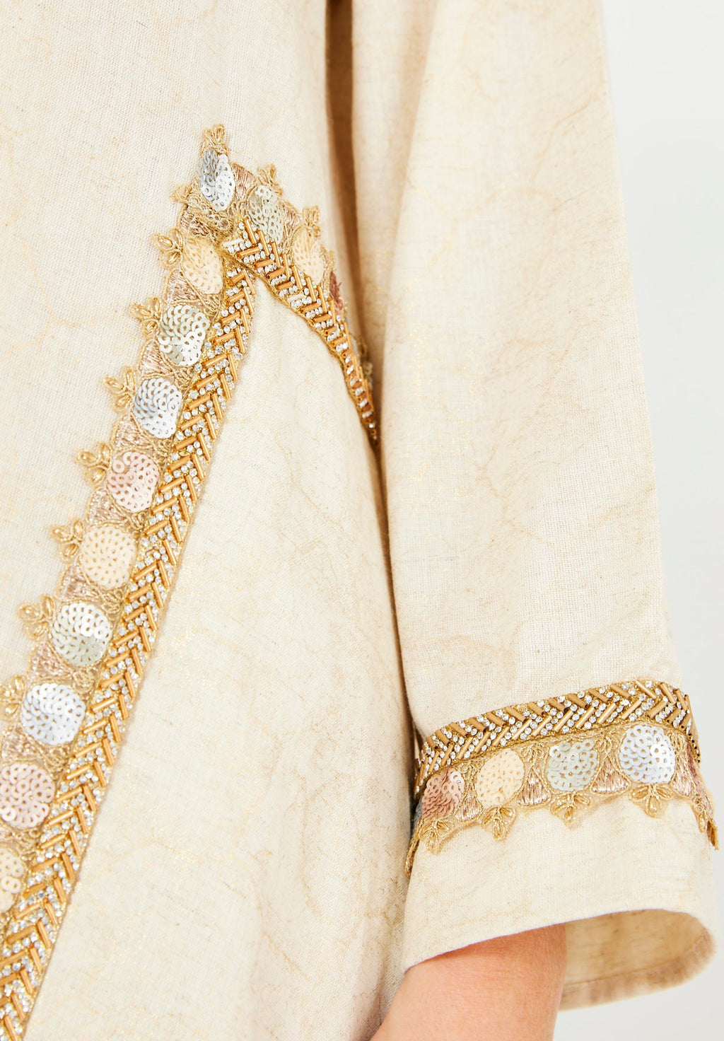 Mirror & Thread Embellished Foil Linen Jalabiya