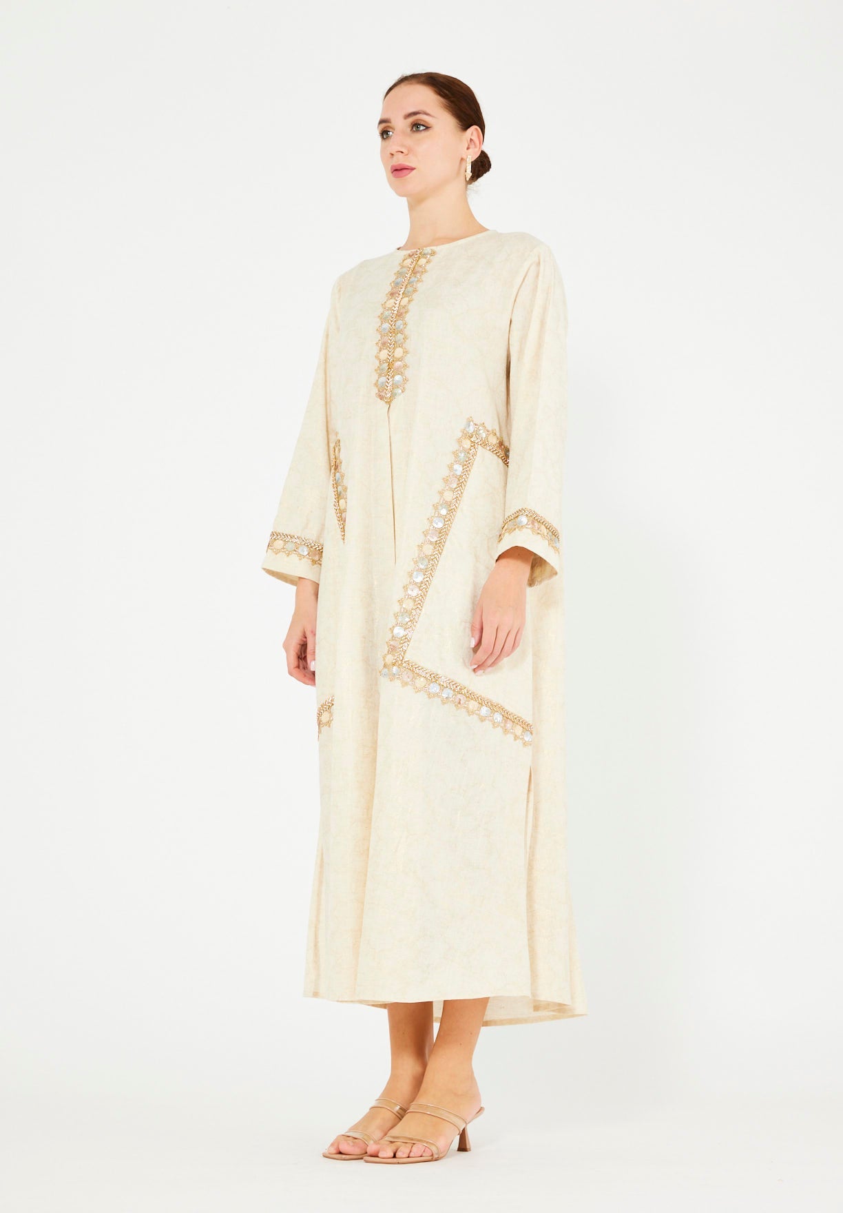 Mirror & Thread Embellished Foil Linen Jalabiya