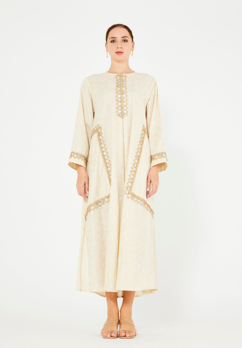 Mirror & Thread Embellished Foil Linen Jalabiya