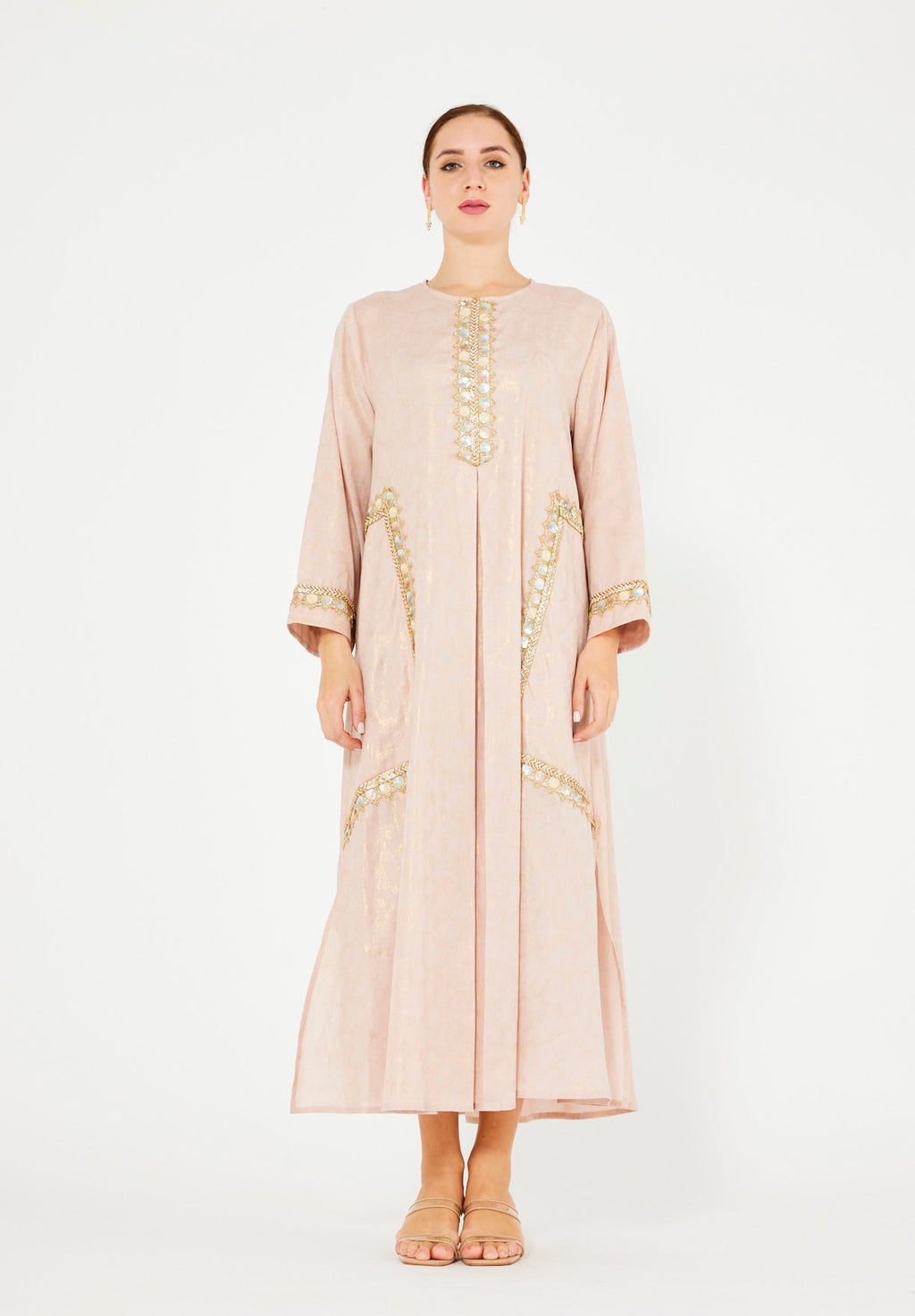Mirror & Thread Embellished Foil Linen Jalabiya