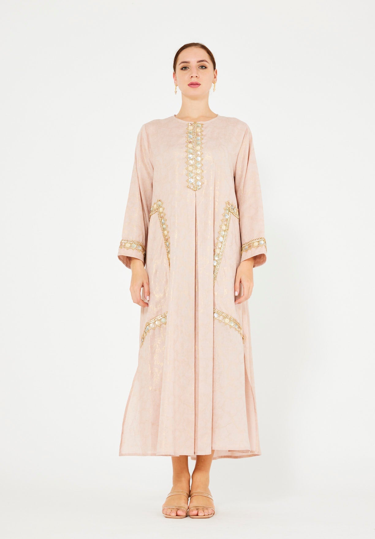 Mirror & Thread Embellished Foil Linen Jalabiya