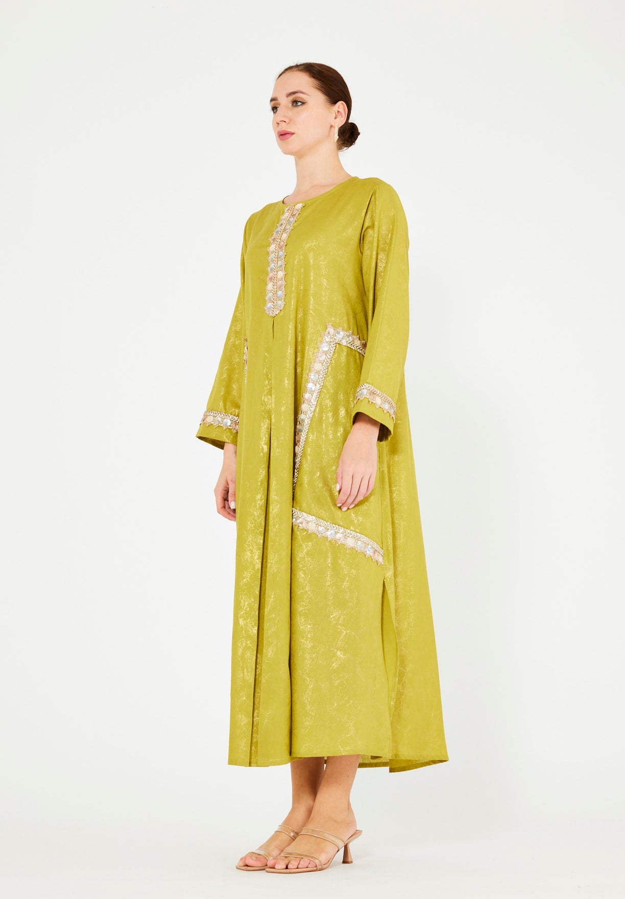 Mirror & Thread Embellished Foil Linen Jalabiya