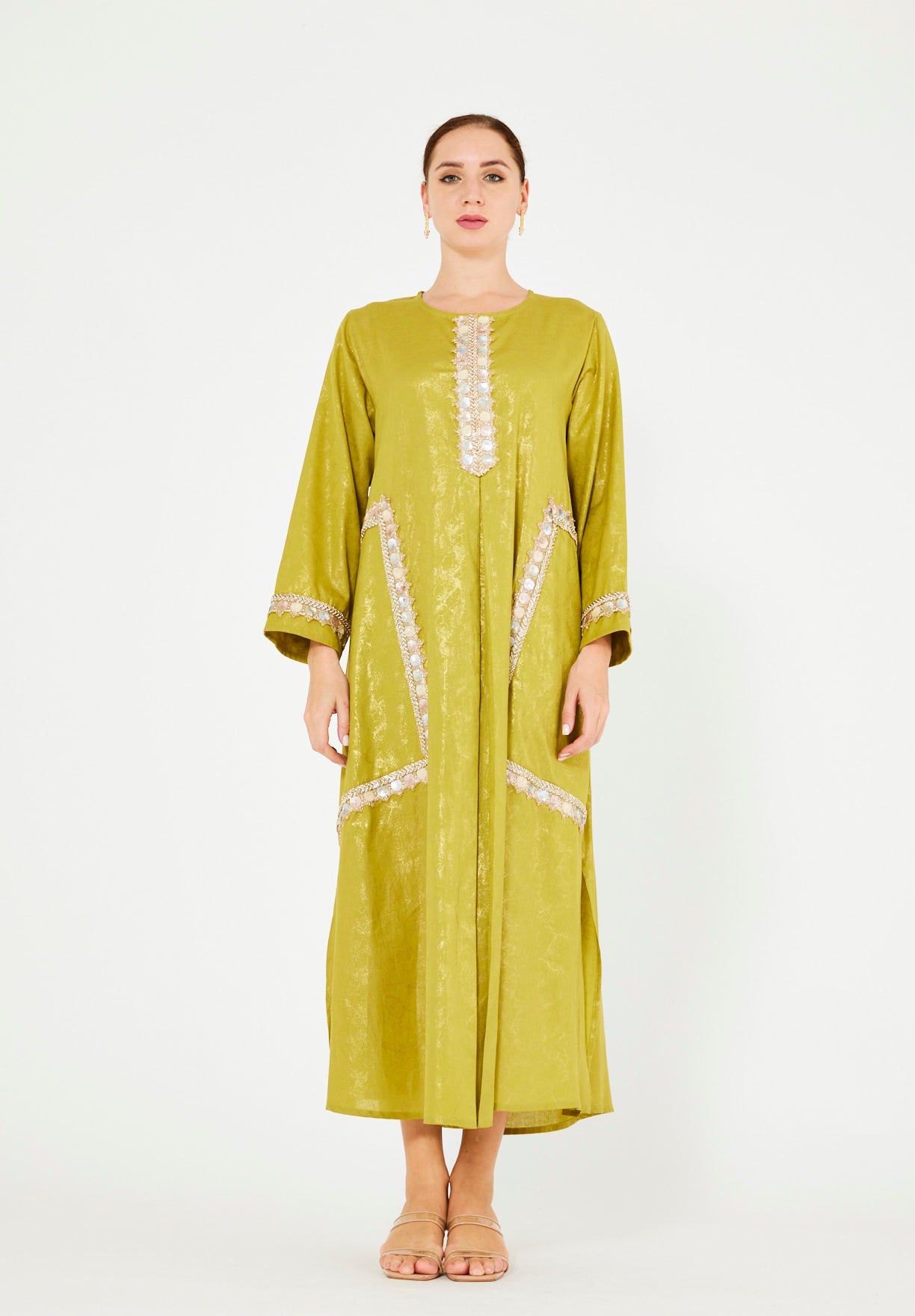 Mirror & Thread Embellished Foil Linen Jalabiya