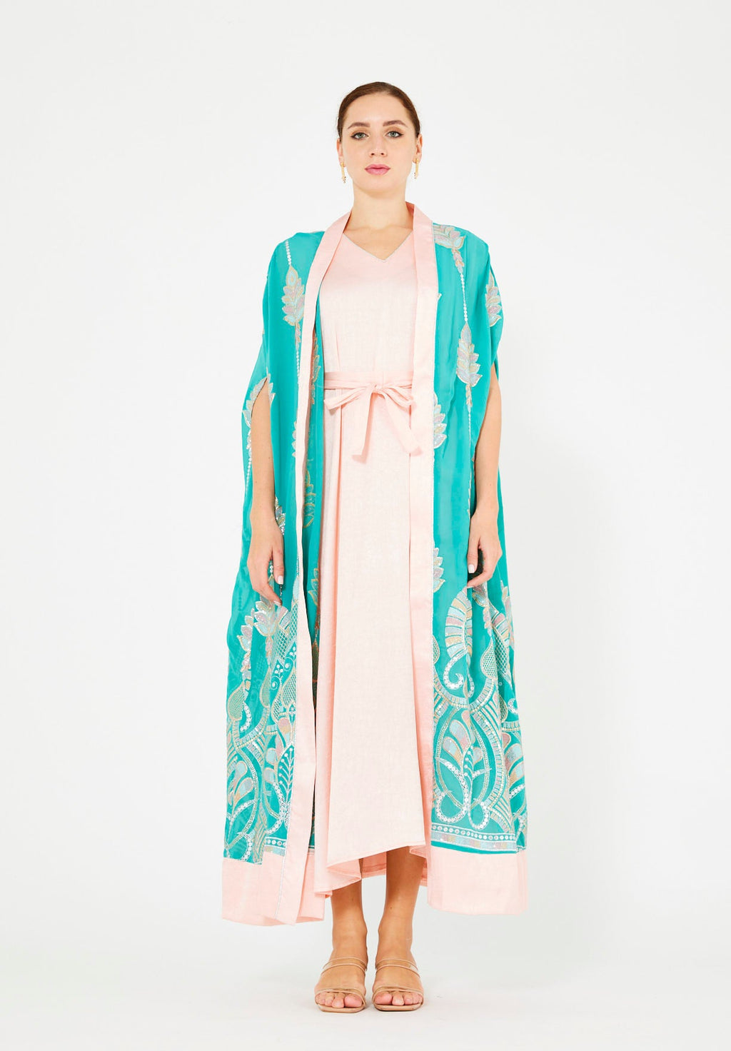 Pastel Sequin Embellished Bisht & Dress Set