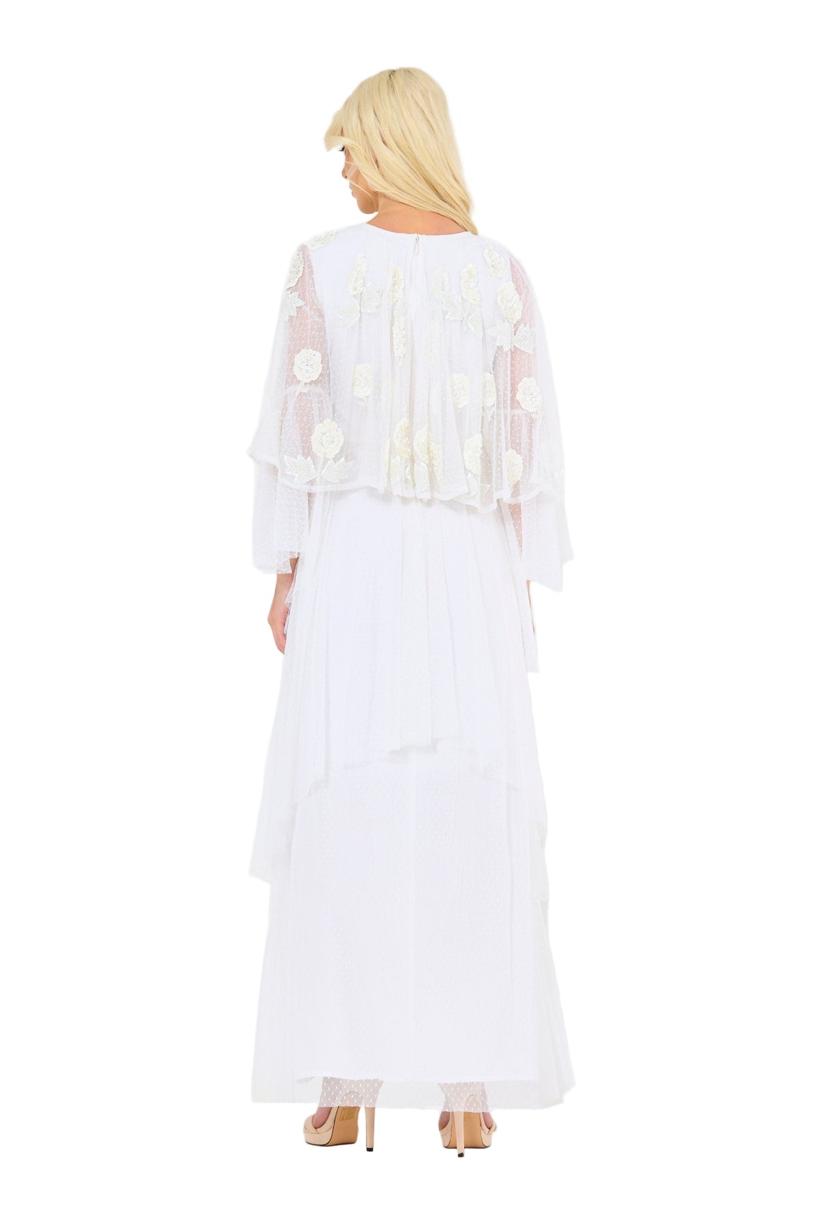 Dotted 3D Floral Appliqué Tulle Draped Dress