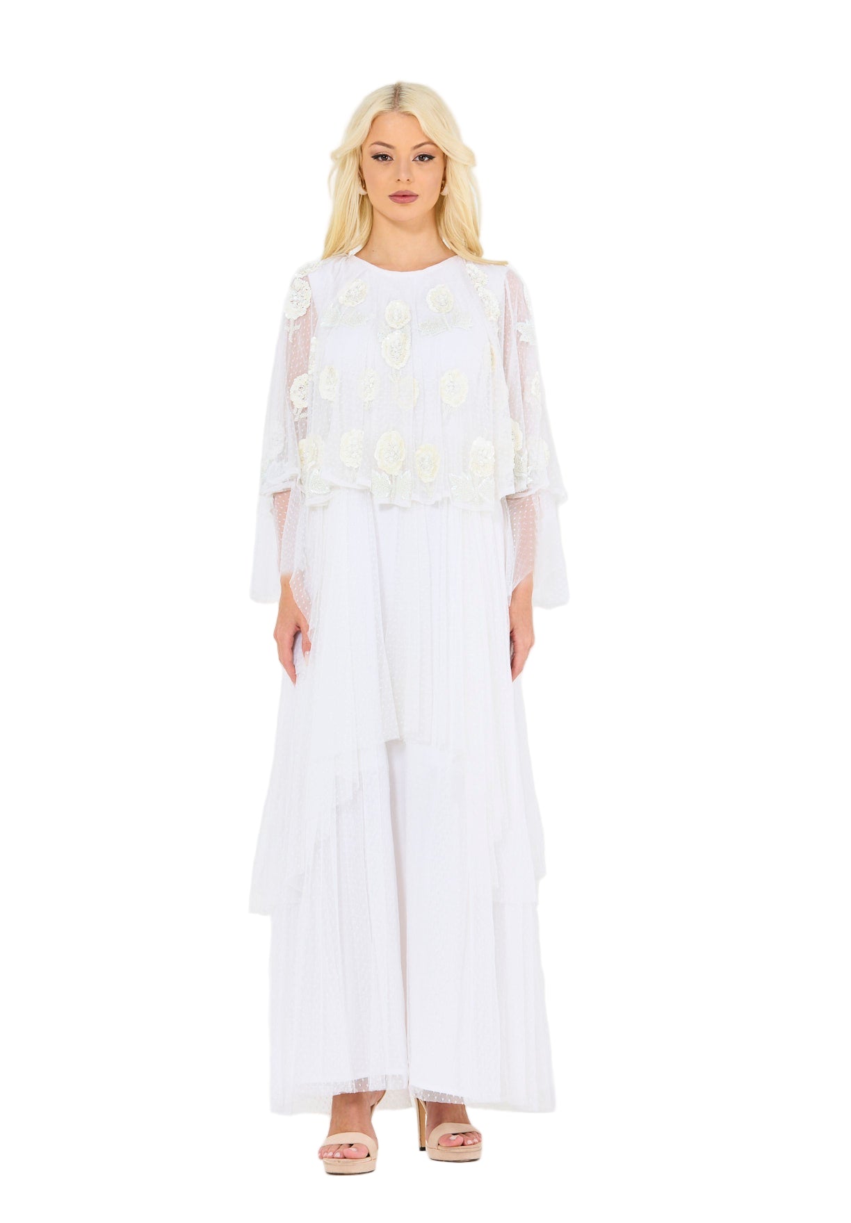 Dotted 3D Floral Appliqué Tulle Draped Dress