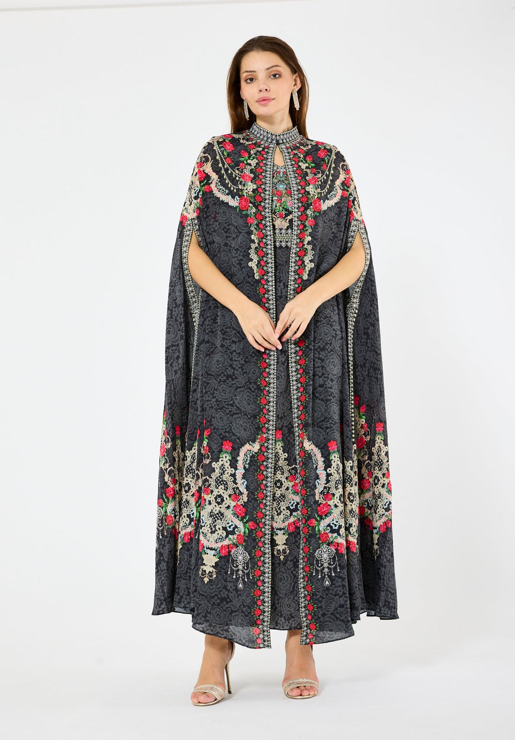 Printed Roses Bisht & Dress Set