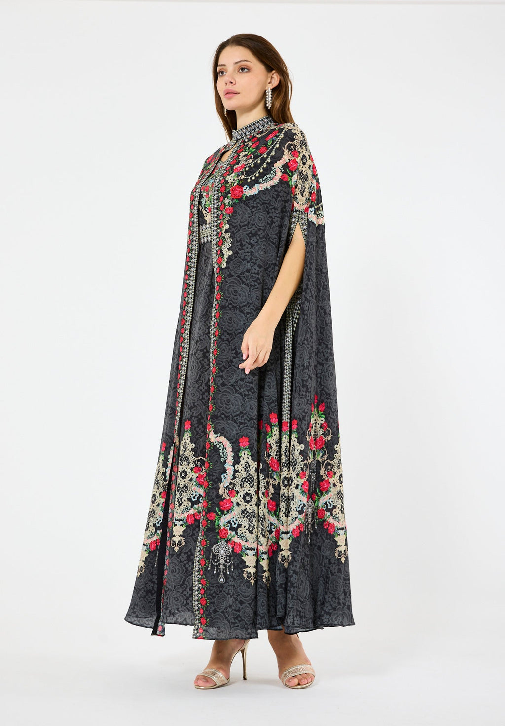 Printed Roses Bisht & Dress Set