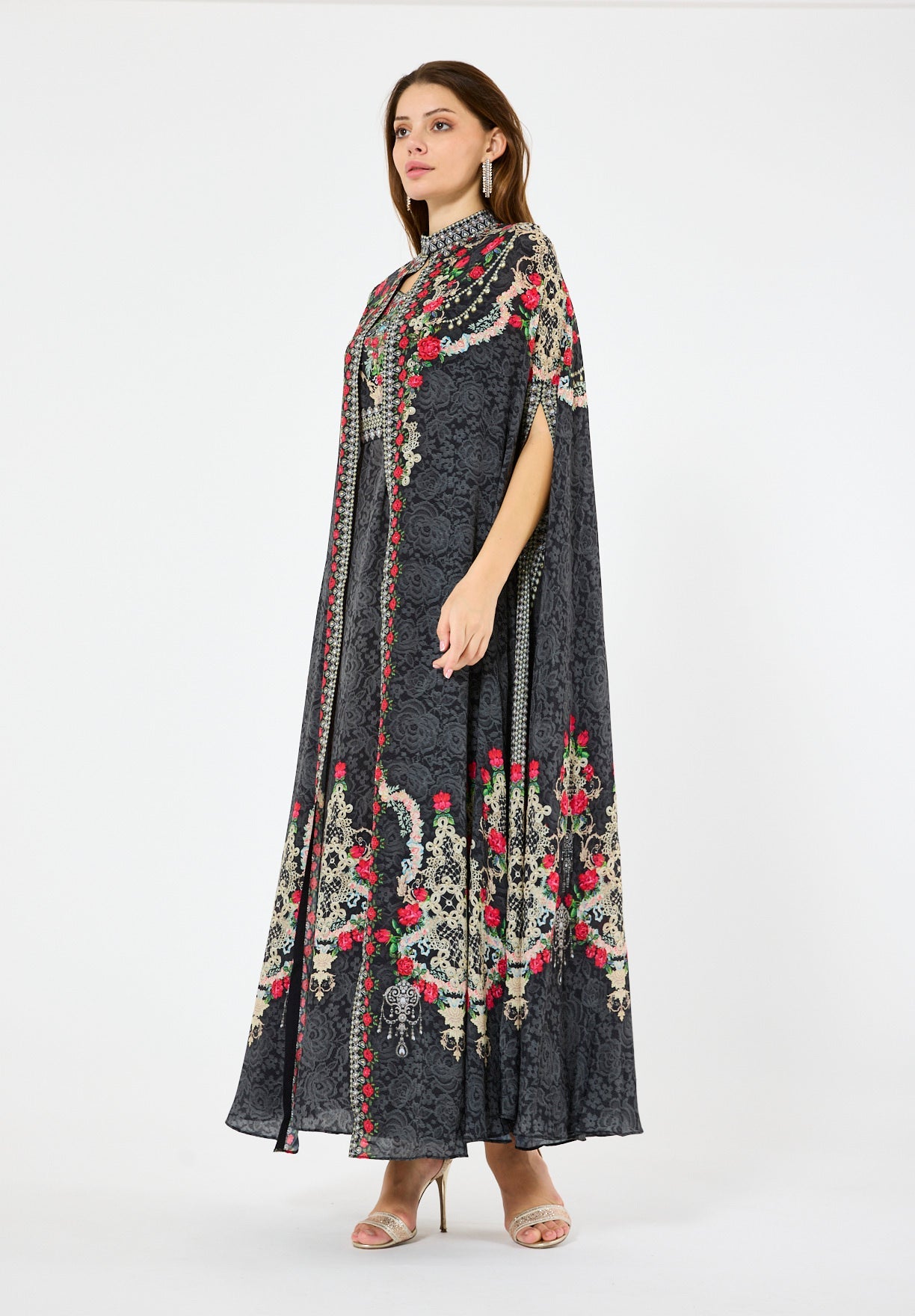 Printed Roses Bisht & Dress Set