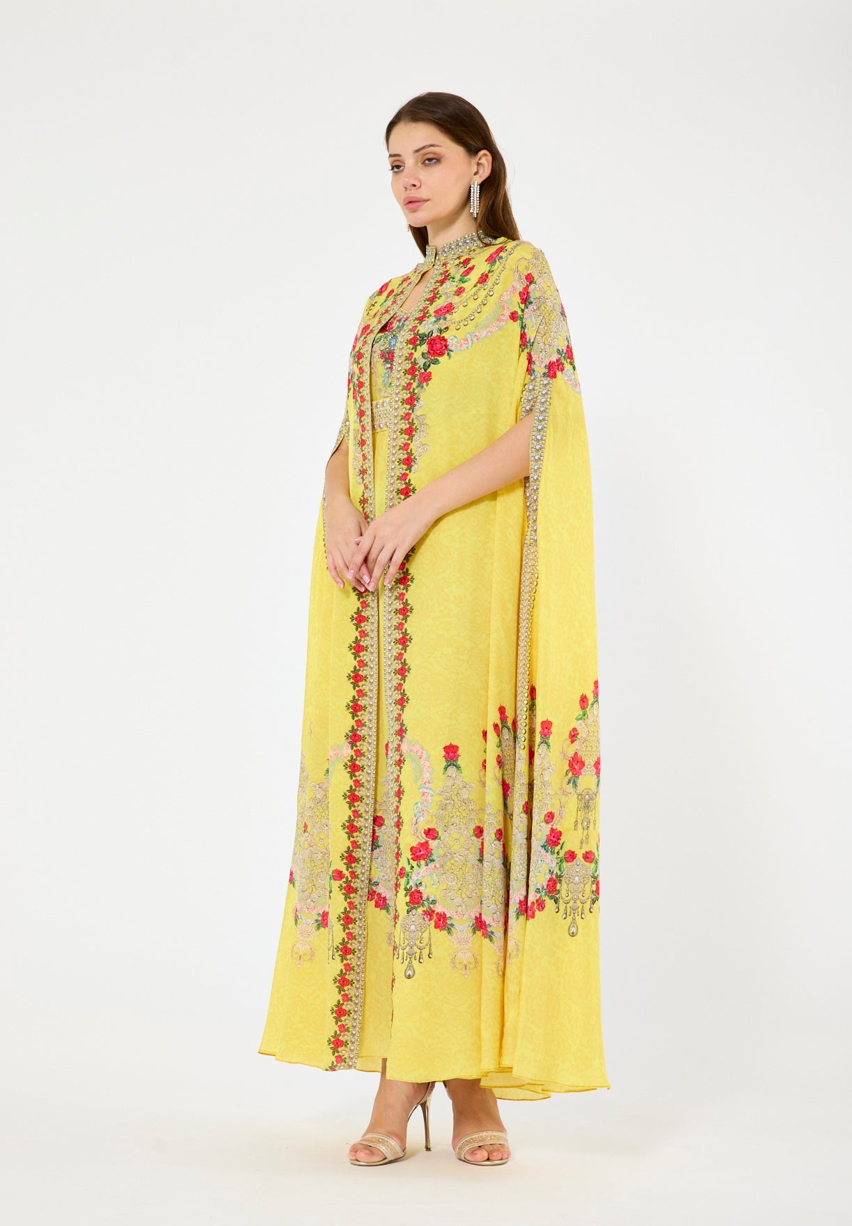 Printed Roses Bisht & Dress Set