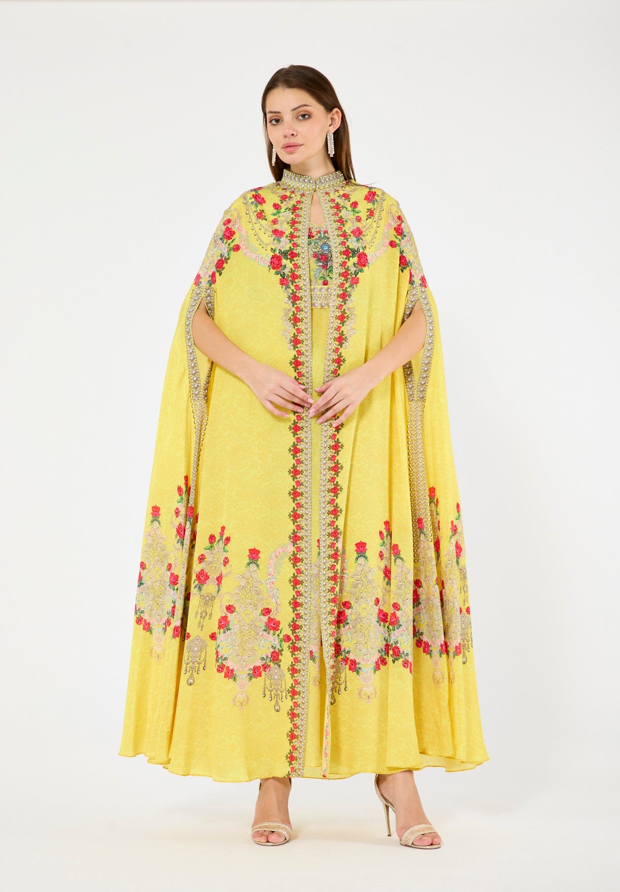 Printed Roses Bisht & Dress Set