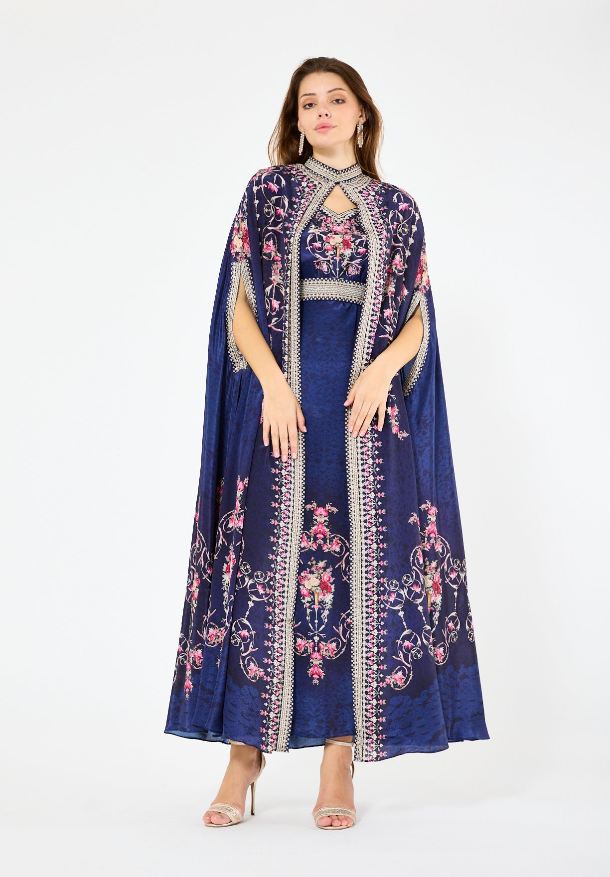 Art Nouveau Floral Print Bisht & Dress Set