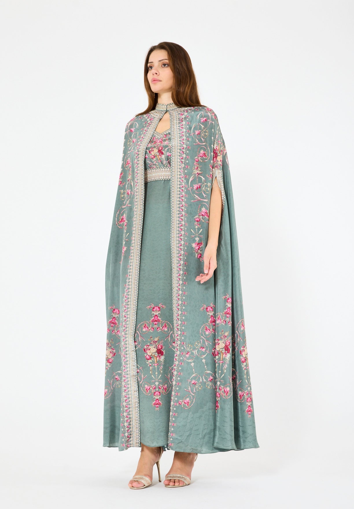 Art Nouveau Floral Print Bisht & Dress Set