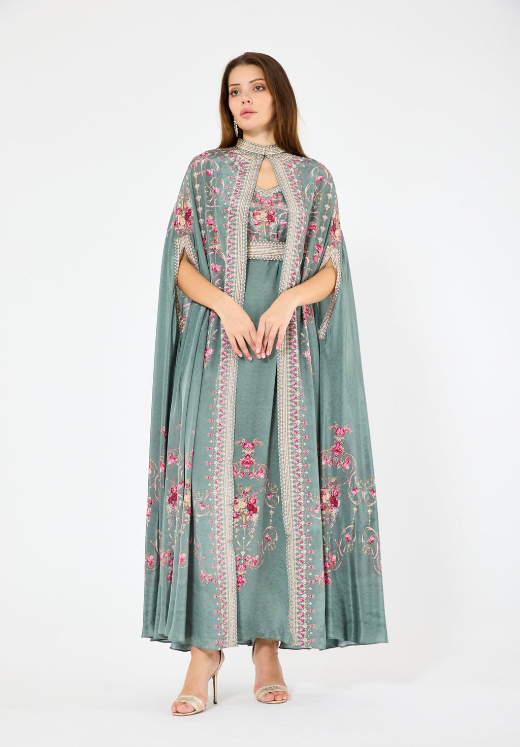 Art Nouveau Floral Print Bisht & Dress Set
