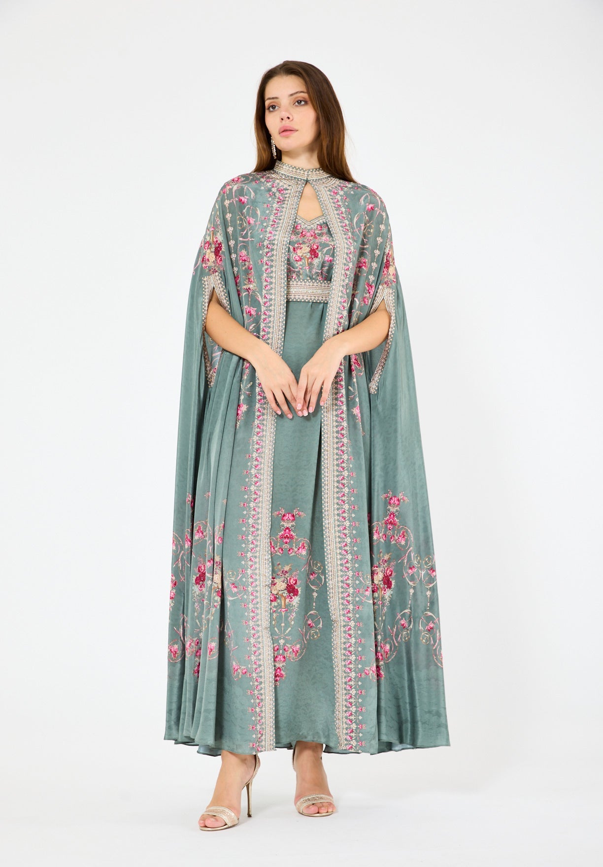 Art Nouveau Floral Print Bisht & Dress Set