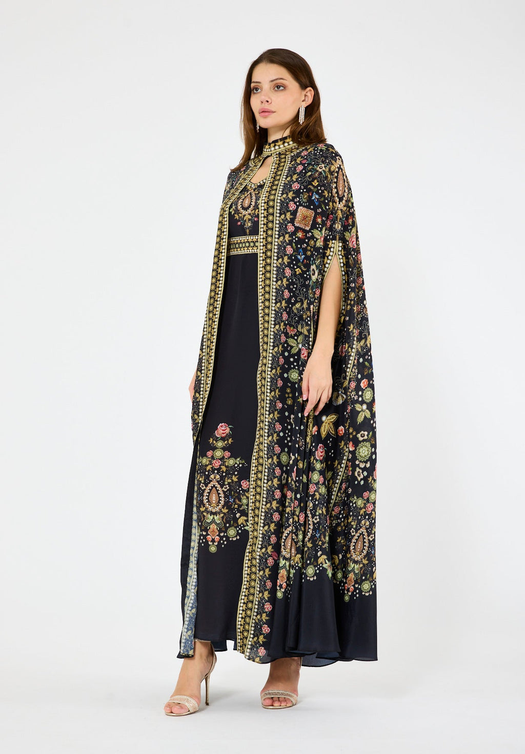 Multicolor Floral Print Bisht & Dress Set