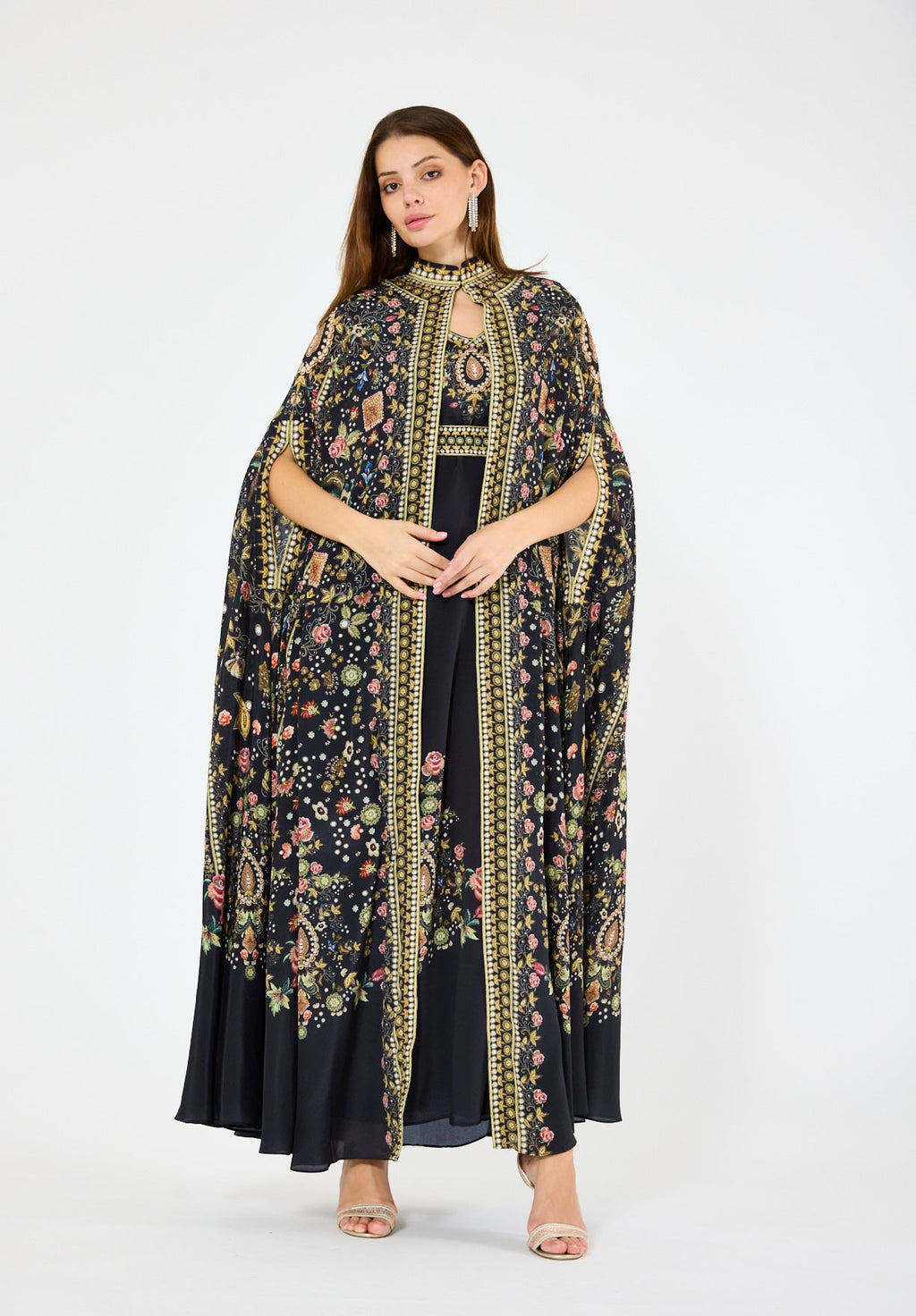 Multicolor Floral Print Bisht & Dress Set